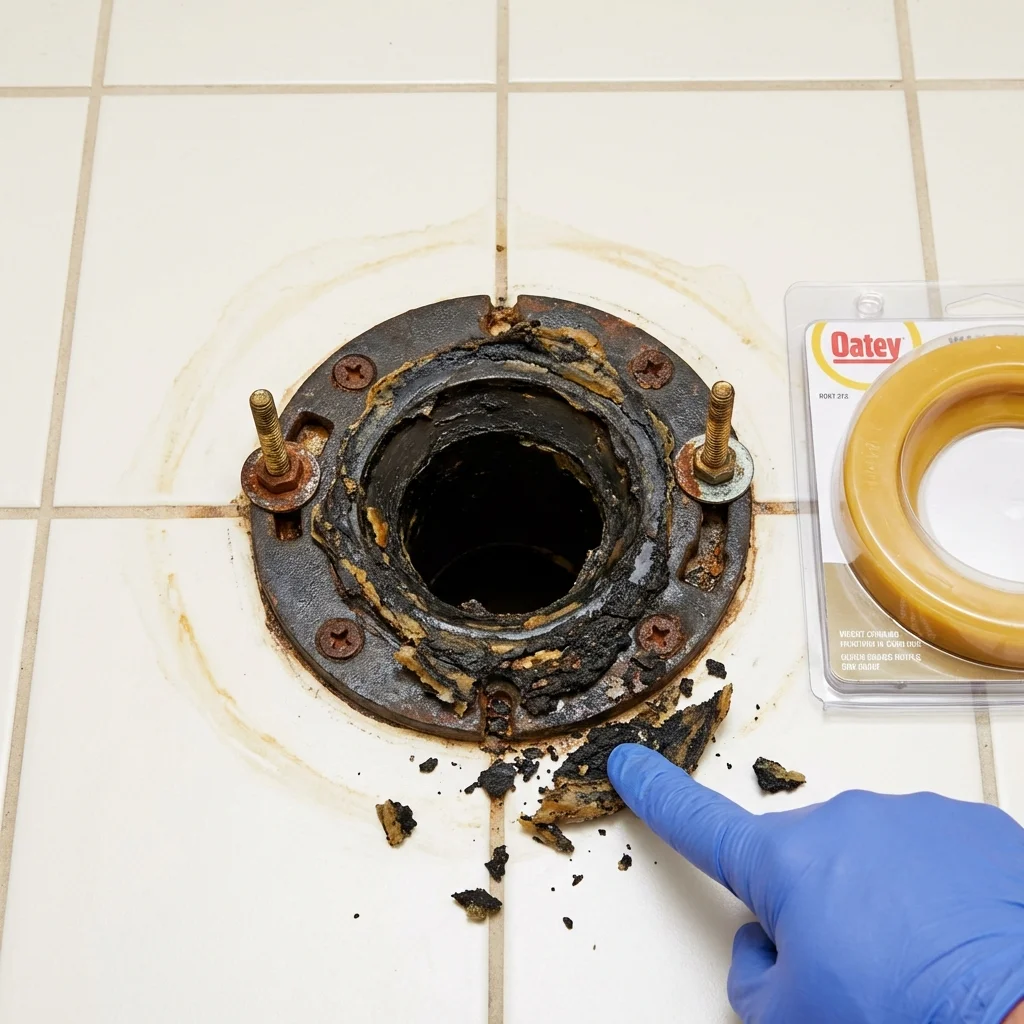 Failed wax ring showing water seepage at the base of a toilet in a Mount Olive, IL home