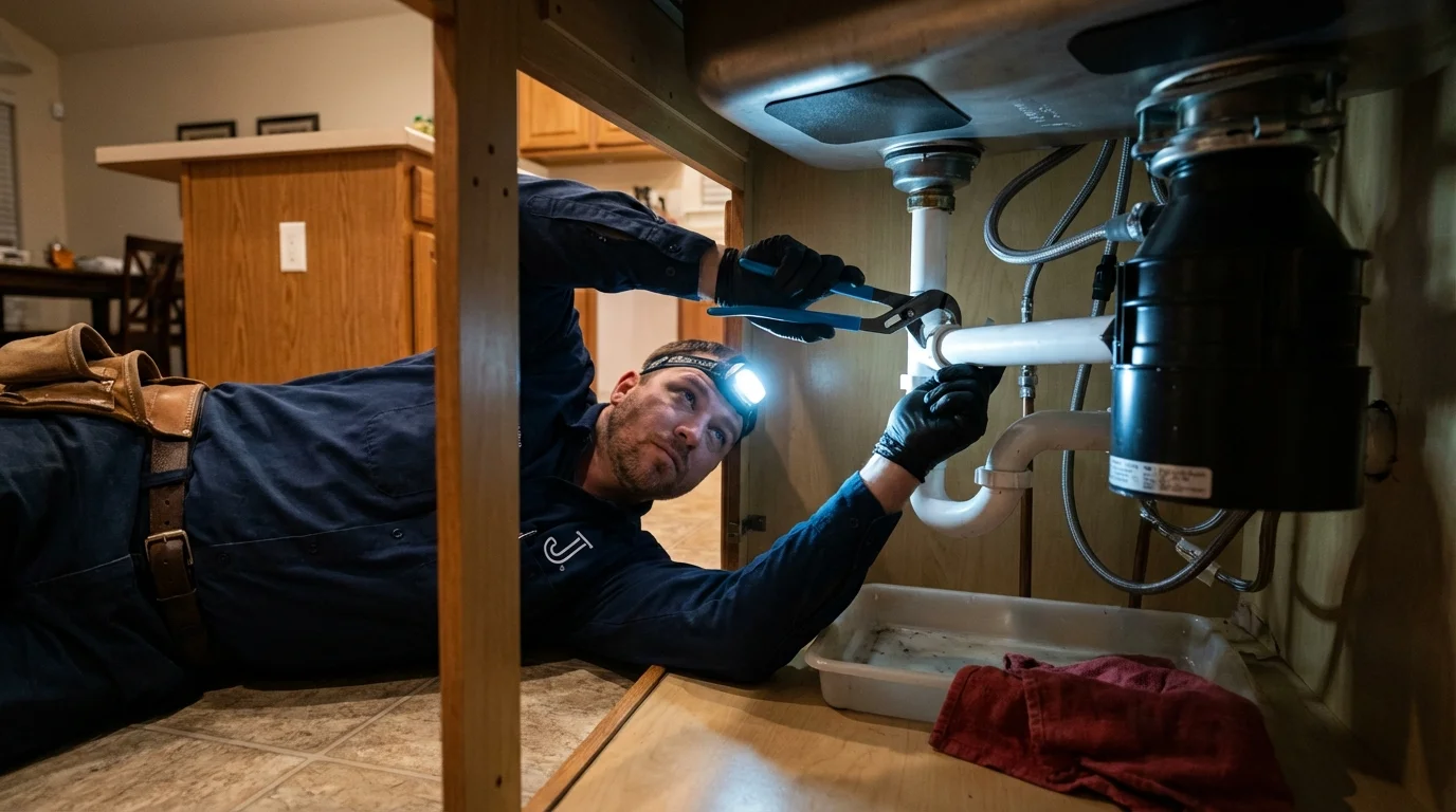 P-trap and supply line connections under a kitchen sink showing a common leak point in Mount Olive, IL